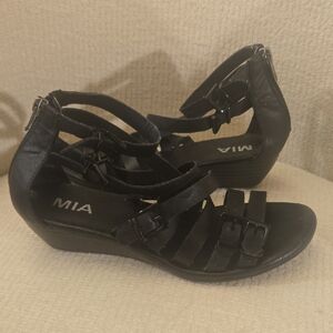 MIA Black Multi-Strap Buckle Wedge Sandals
